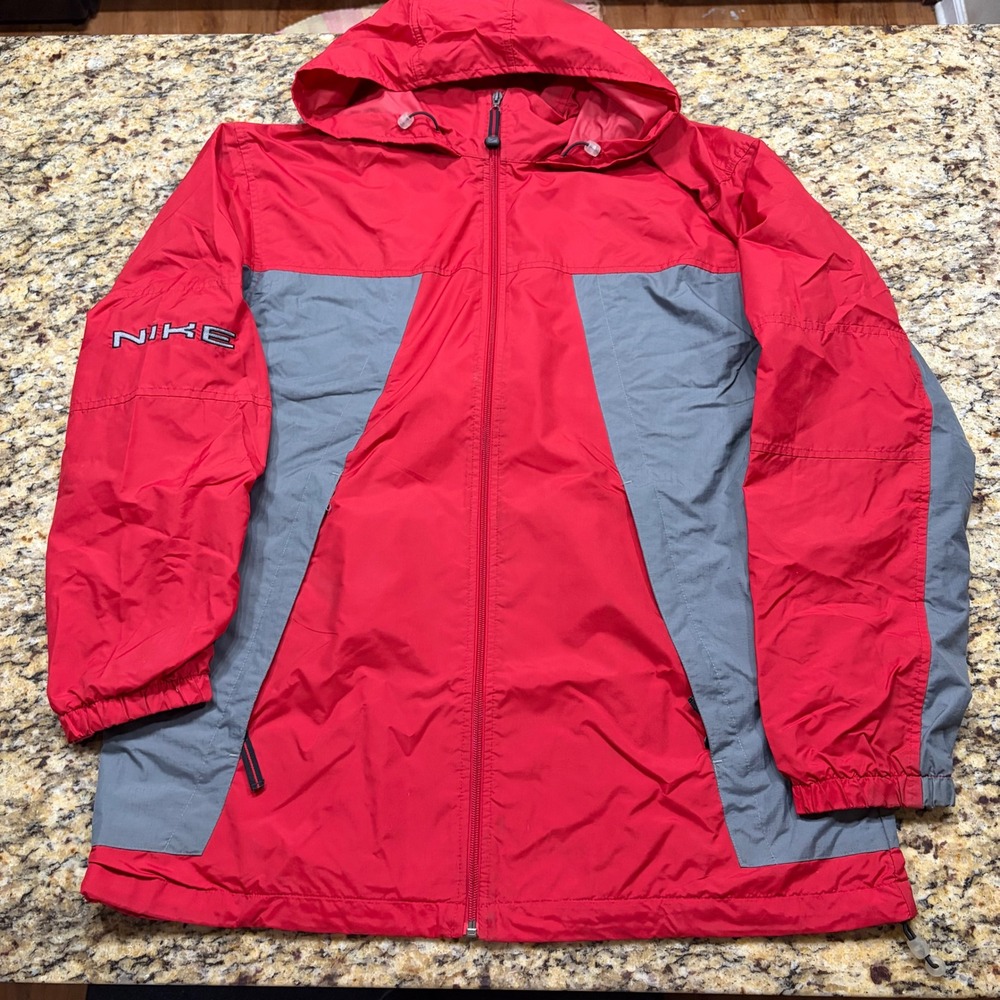 Nike Mens Vintage Red Grey Colorblock Hooded Windbreaker Jacket Large